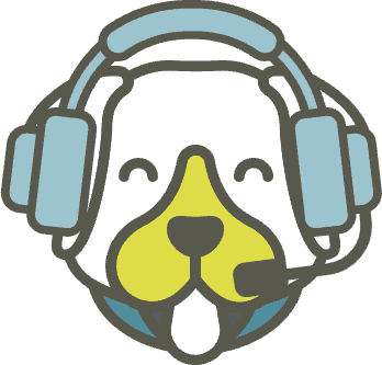 A white and yellow cartoon dog wears a light blue headset with a mic in front of its face.