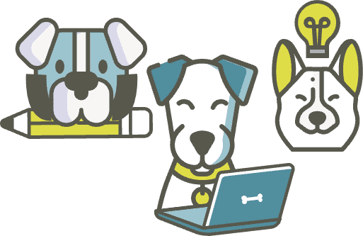 Three cartoon dogs. The first holds a pencil in its mouth, the second sits in front of an open laptopn, and the third has a lightbulb over its head.