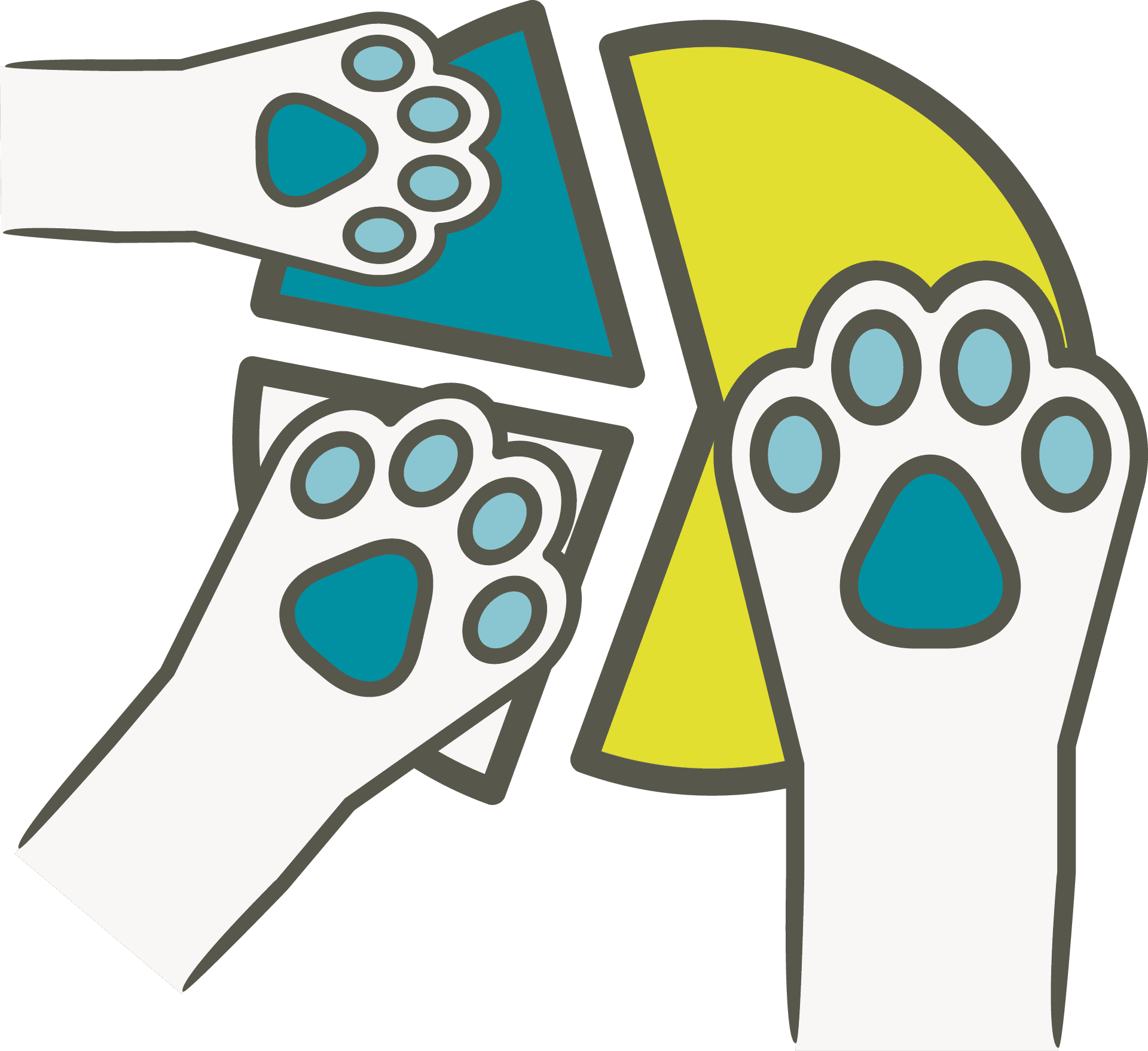 Three cartoon dog paws rest on top of parts of a pie chart.
