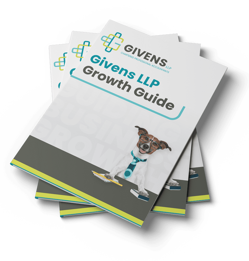 Three copies of the Givens Growth Guide are stacked on top of one another. On the front are the words "Givens Growth Guide." D dog with a brown face and white body sits below the title, wearing glasses and a turquoise necktie. Under its right paw is a notepad and pencil, under its left is a calculator.