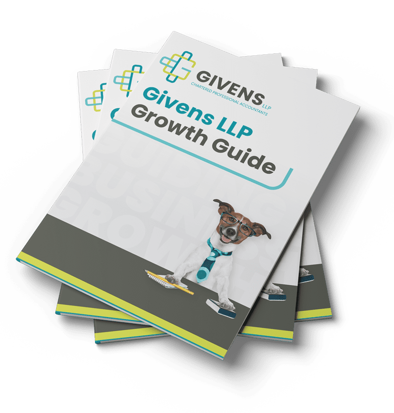 guide-ok Three copies of the Givens Growth Guide are stacked on top of one another. On the front are the words "Givens Growth Guide." D dog with a brown face and white body sits below the title, wearing glasses and a turquoise necktie. Under its right paw is a notepad and pencil, under its left is a calculator.